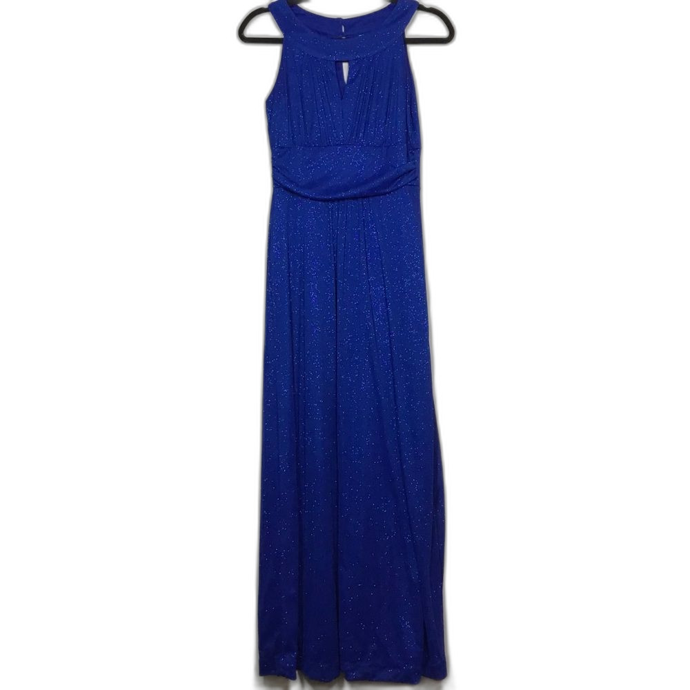 Royal blue sparkly long formal dress gown stretchy sleeveless lining size Large